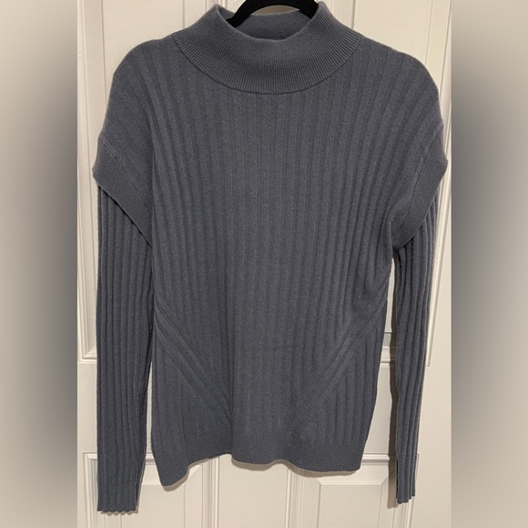 Pure Amici Women's Sz Large 100% Cashmere Blue Mock Neck Ribbed Knit Sweater - Picture 2 of 11